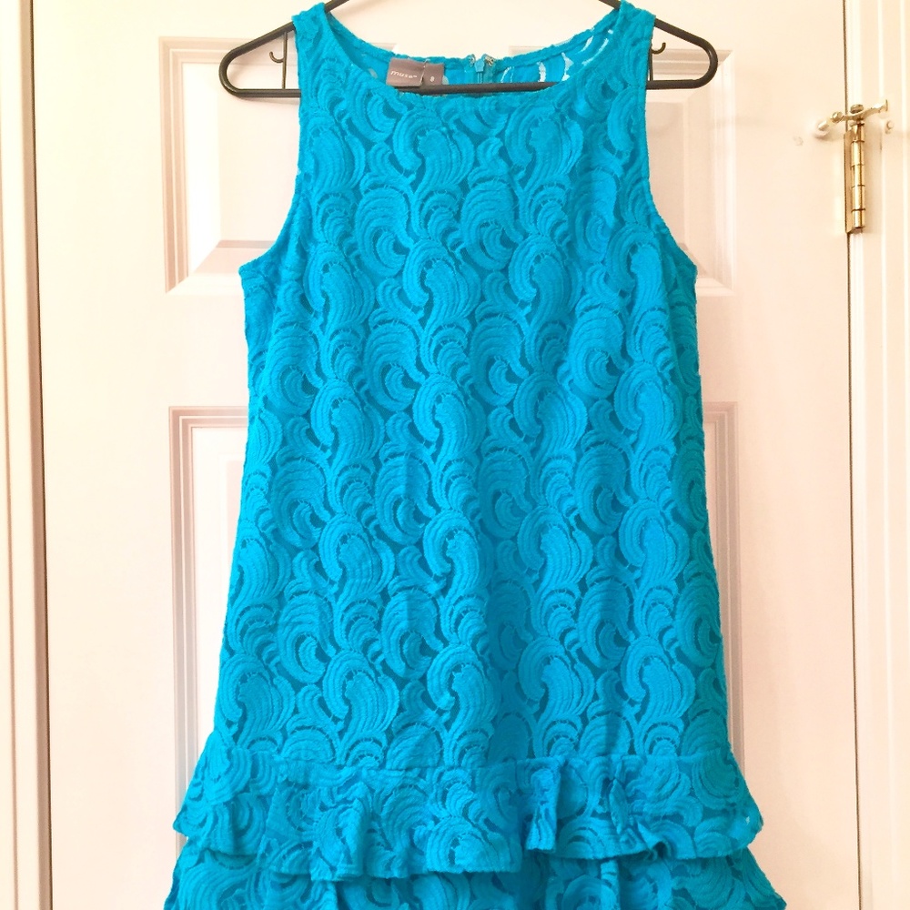 Turquoise Blue Lace Dress with Ruffled Hem